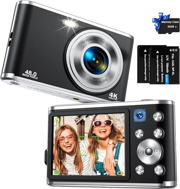 Digital Camera, Auto Focus FHD 4K Vlogging Camera with Dual Camera 48MP 16X Digital Zoom Kids Compact Camera with 32GB Memory Card Portable Point and Shoot Cameras for Teens Beginner Adult,Black - Image 5