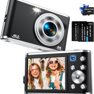 Digital Camera, Auto Focus FHD 4K Vlogging Camera with Dual Camera 48MP 16X Digital Zoom Kids Compact Camera with 32GB Memory Card Portable Point and Shoot Cameras for Teens Beginner Adult,Black
