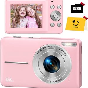 Digital Camera, FHD 1080P Digital Camera for Kids with 32GB SD Card Compact Point and Shoot Camera 16X Zoom Anti Shake Portable Cameras Small Camera for Teens Boys Girls Seniors with Best Wishes Card