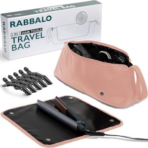 Leather Hair Tools Travel Bag With Hot Tools Mat – Alligator Hair Clip – Heat Resistant Portable Leather Bag For Curling Iron, Hair Straightener, Flat Iron