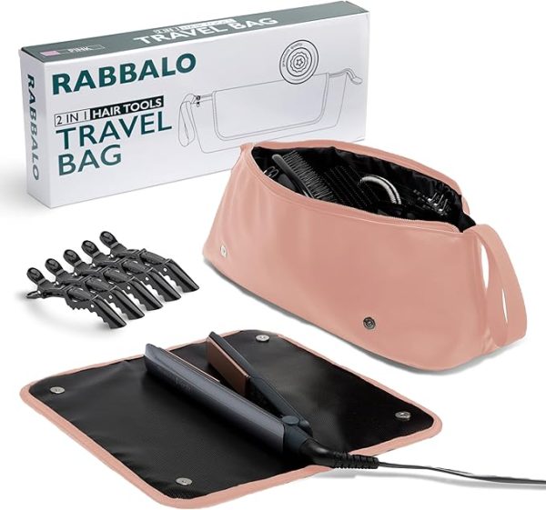 Leather Hair Tools Travel Bag With Hot Tools Mat – Alligator Hair Clip – Heat Resistant Portable Leather Bag For Curling Iron, Hair Straightener, Flat Iron